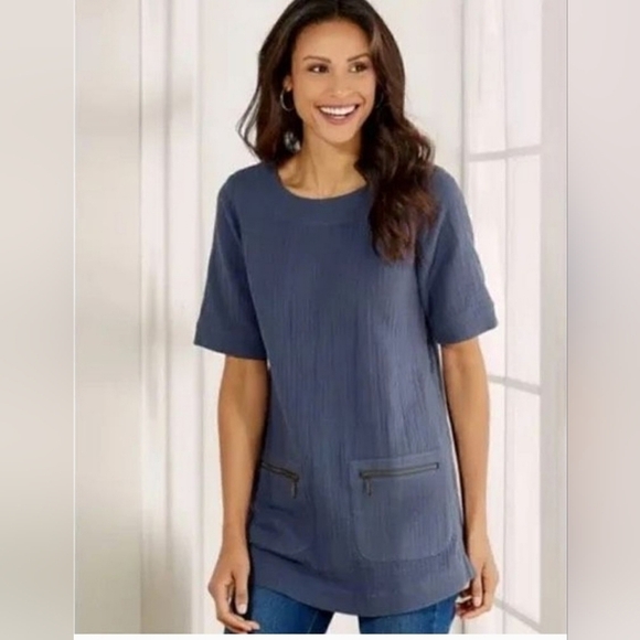 Soft Surroundings Navy Gauze Tunic with Pockets - Picture 1 of 6